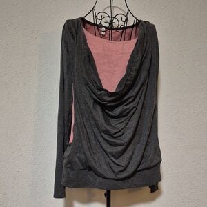 Gray and Pink Draped Long Sleeve Blouse